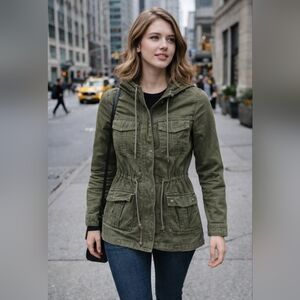 Women's Olive Green Military Style Jacket Y2k Hooded Medium Utility